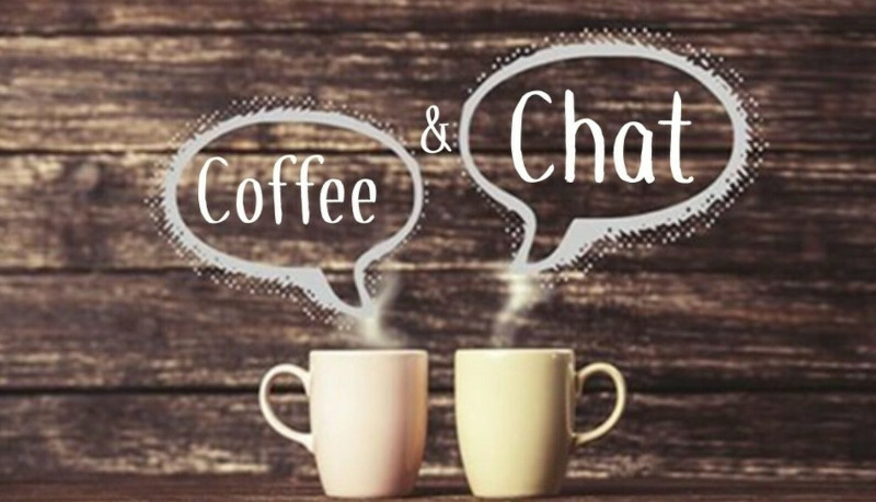 Steaming coffee mugs with speech bubbles for "coffee" and "chat"